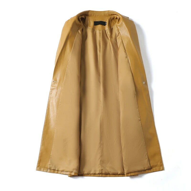 Real Leather Trench Coat Women Midi-length Sheepskin Outwear 2023 Fall Winter Blazer Collar Single Button Ladies Lambskin Trench