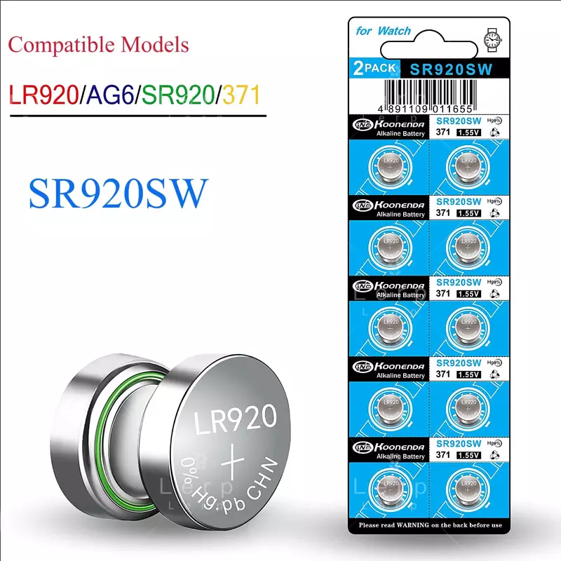 Кнопочная батарея AG6 SR920SW, Кнопочная батарея LR920 371, батарея для часов