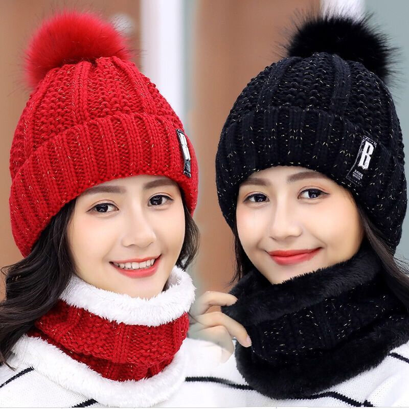 Winter Knitted Scarf Hat Set Thick Warm Skullies Beanies Hats for Women Outdoor Cycling Riding Ski Bonnet Caps Tube Scarf