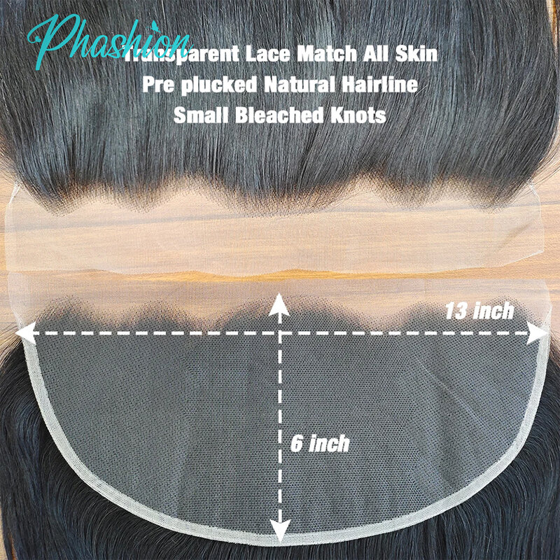 Phashion 26 28 Inch13x6 koronka przednia prosta wstępnie oskubane szwajcarska HD przezroczysta pełny przód tylko naturalna czerń 100% ludzkich włosów