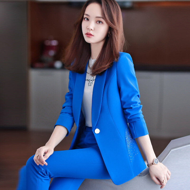 Женский пиджак, весенне-осенний Модный деловой темпераментный Костюм Богини, синий официальный костюм для хозяйки