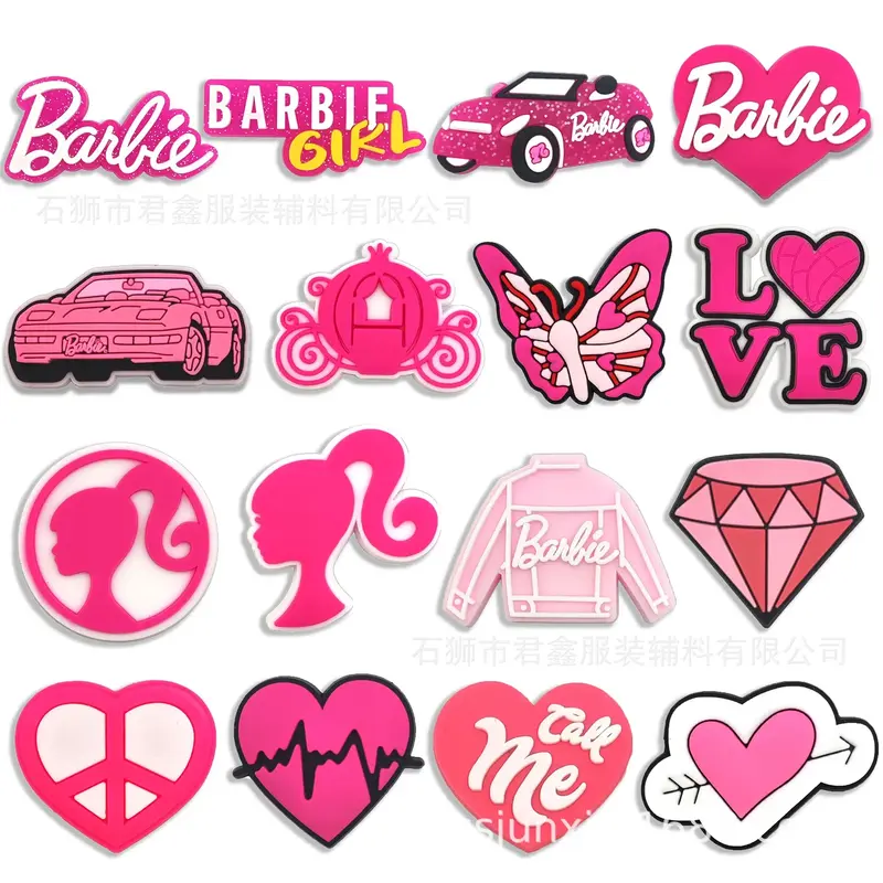 Breloques de chaussures de dessin animé rose pour fille, 33 styles, série Barbie, accessoires de décoration, pantoufles, enfant, femme, cadeau de Noël, vente, 1 pièce