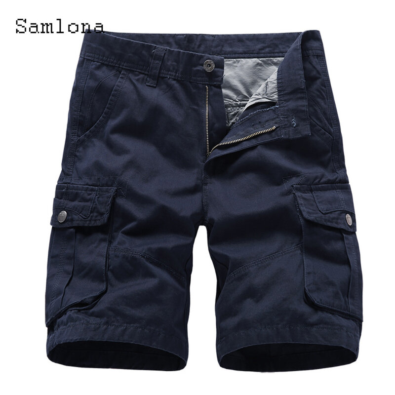 Samlona-Short cargo grande taille pour homme, avec poches et fermeture éclair, pantalon gris, longueur aux genoux, nouvelle collection été 2023