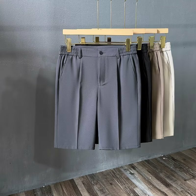 Summer Casual Shorts Men's Elastic Waist Summer Thin Business Solid Color Knee-length Pants Black Khaki Brown Gray