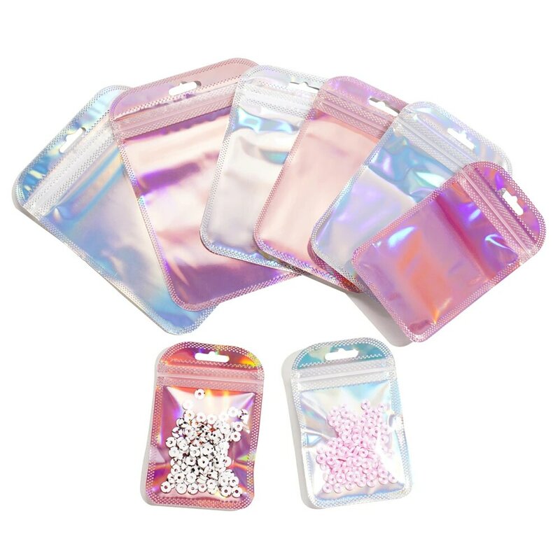 50 Stuks Zelfsluitende Laser Kleine Plastic Zakken Voor Sieraden Zakje Met Doorzichtige Etalage Diy Sieraden Verpakking Cadeau Opbergtas
