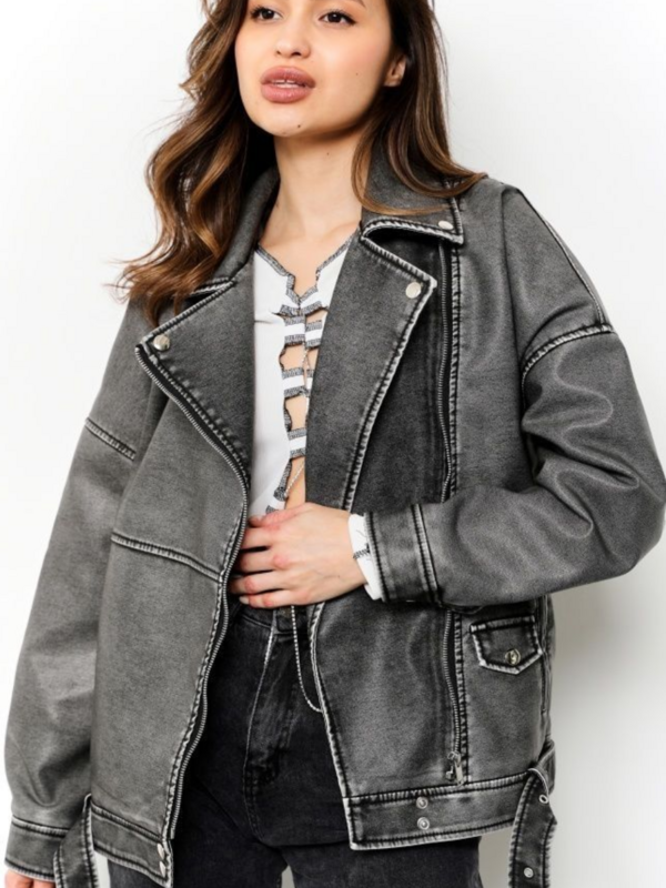 Jaket kulit imitasi PU wanita, Luaran ikat pinggang kasual pengendara sepeda motor, atasan gaya BF warna hitam krem abu-abu