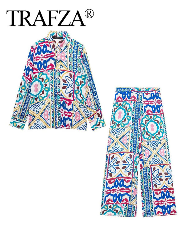TRAFZA Woman Summer Fashion 2 Piece Suits Printed Turn-Down Collar Shirt+Chic Lapel Pockets Bohemian Ankle Length Wide Leg Pant
