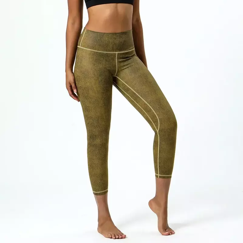 Pantalones de Yoga de cuero Artificial para mujer, alta elasticidad, textura de cuero, nailon, deportes, Fitness, nuevo