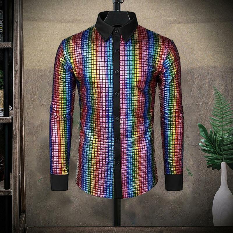 Men Shirt Shiny Sequin Stand Collar Single-breasted Turn-down Collar Long Sleeve Club Dance Disco Stage Performance Vintage Top
