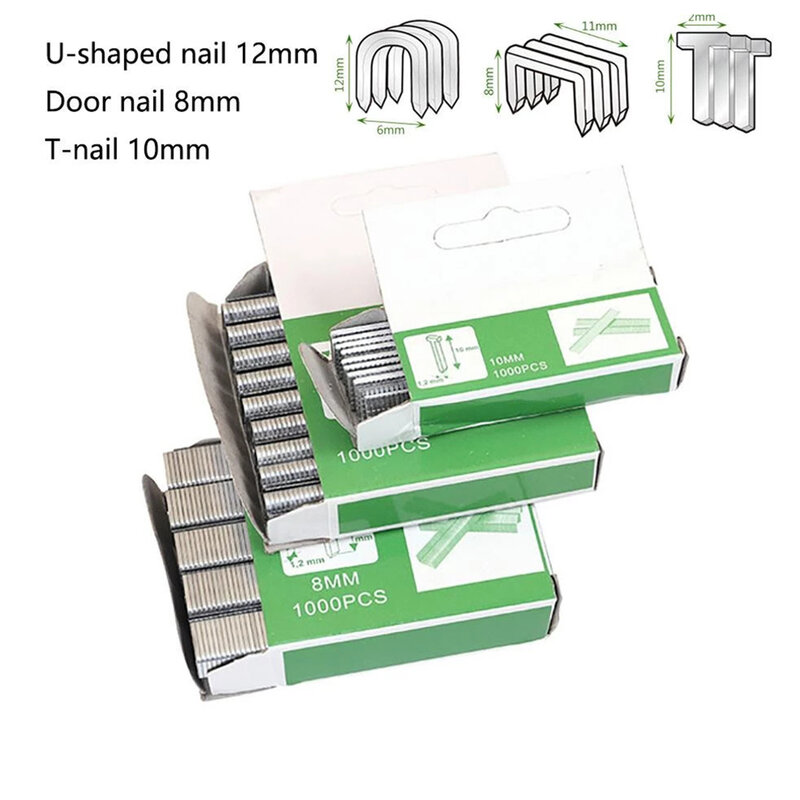 High Quality Brand New Staples Nails Tools 12mm/8mm/10mm 1000Pcs Brad Nails Door Nail Packaging Silver T Shaped