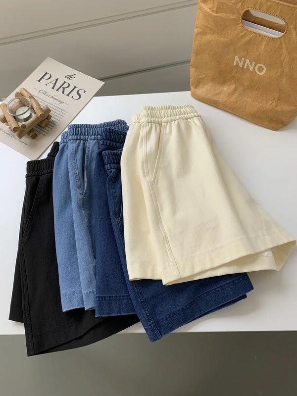 Свободные повседневные джинсовые шорты, женские летние удобные брюки А-силуэта с высокой талией и широкими штанинами
