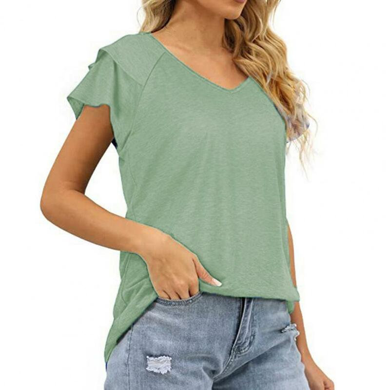 Женский легкий летний топ с V-образным вырезом, Двухслойная футболка с оборками, коллекция, однотонная уличная одежда на лето