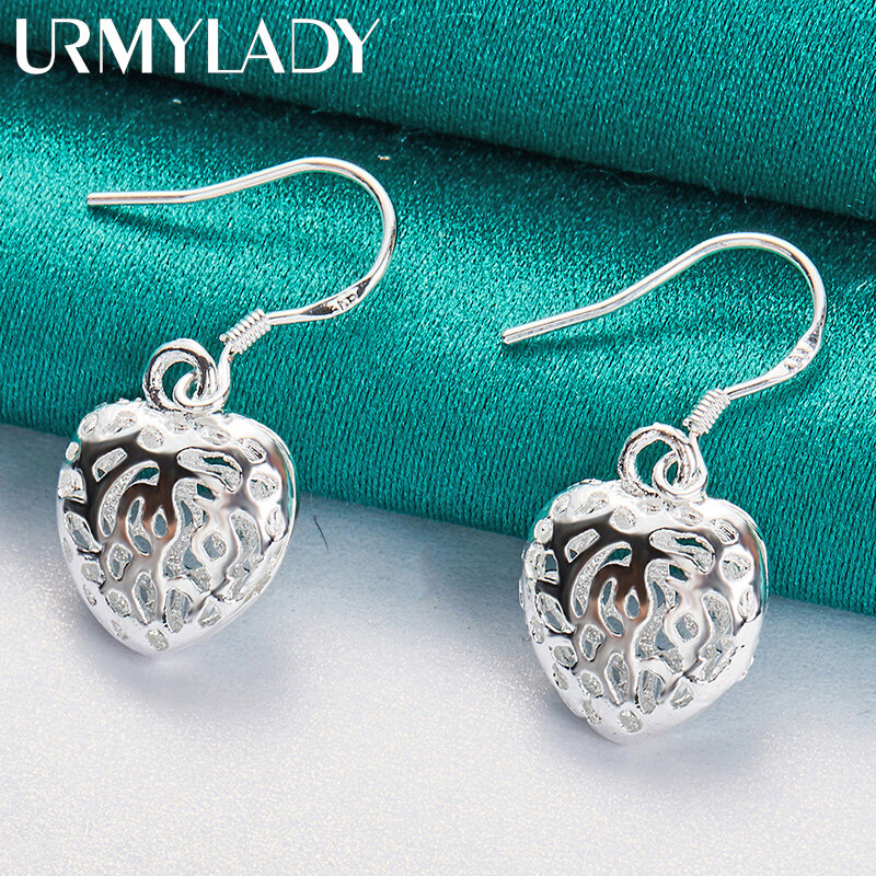 URMYLADY 925 Sterling Silver Hollow Heart kolczyki dla kobiet ślubne przyjęcie zaręczynowe charms biżuteria