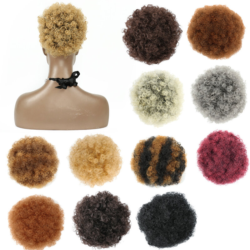 Włosy syntetyczne, Afro Bun Puff kucyk dla czarnych kobiet, Afro perwersyjne kręcone Chignon Hairpiece, klipsy do przedłużania