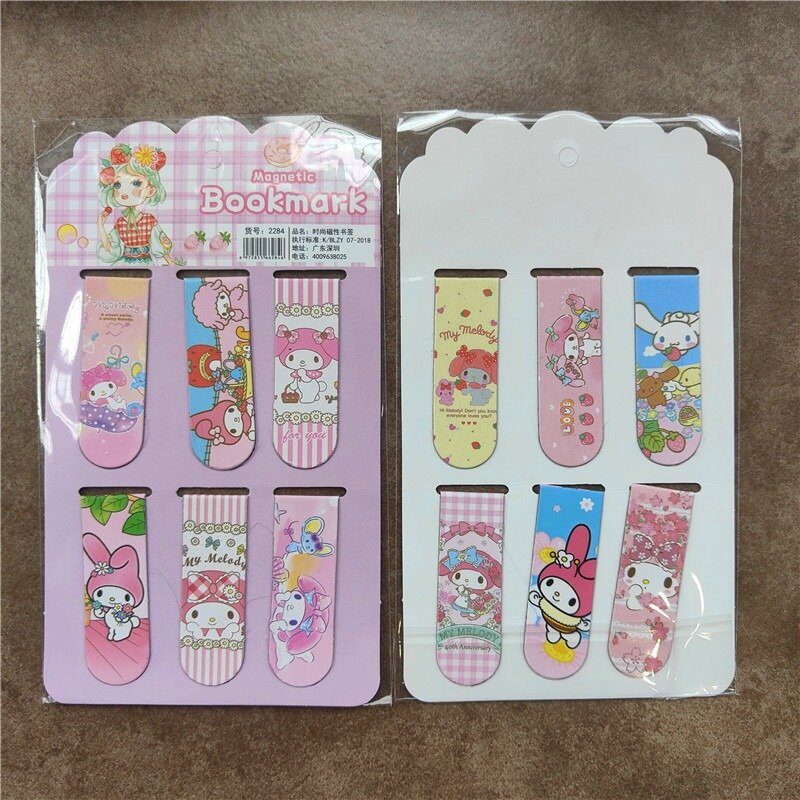 6 Pack Cartoon Sanrio Cinnamoroll Magnetic Bookmarks Anime My Melody Kuromi Double Sided Student Fold Metal Stationery Gift