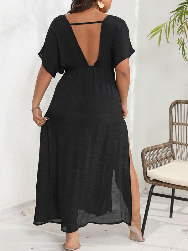 GIBSIE Plus Size Sexy Deep V Neck Backless Bikini Cover Up Women Summer 2024 New Vacation Casual High Split Long Beach Dresses