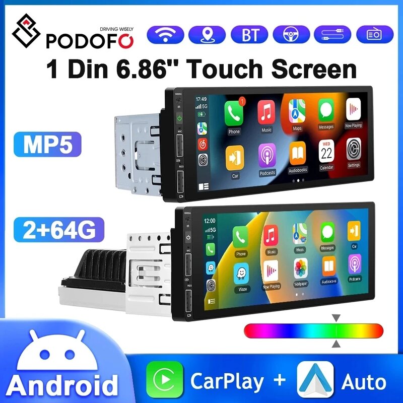 Podofo-Leitor multimídia para carros, rádio MP5, Carplay sem fio ou com fio, Android Auto, Bluetooth, FM, Link Mirror, Stereo, 6.86 ", 1Din