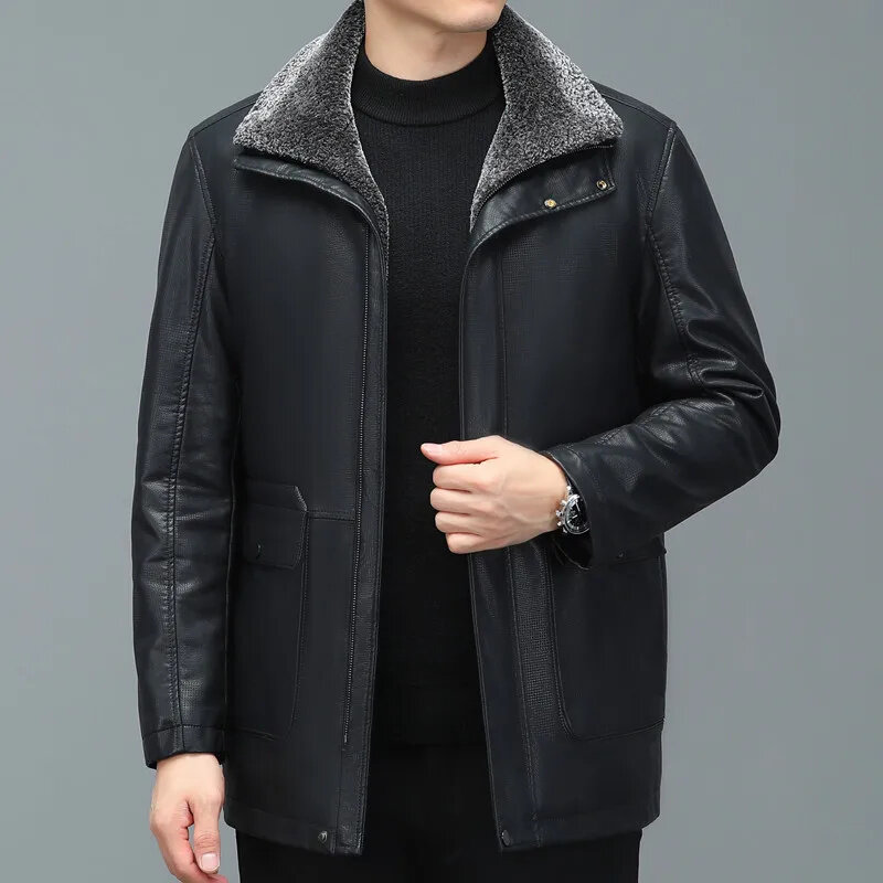 ZDT-8035 jaket kulit asli untuk pria, mantel bisnis kasual kulit domba dengan kerah Lapel panjang setengah musim dingin