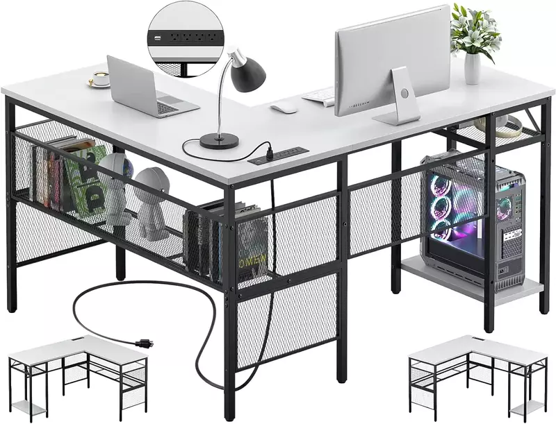Unito meja berbentuk L, dengan Port pengisian daya USB dan Outlet daya, meja komputer sudut bolak-balik dengan rak penyimpanan, industri