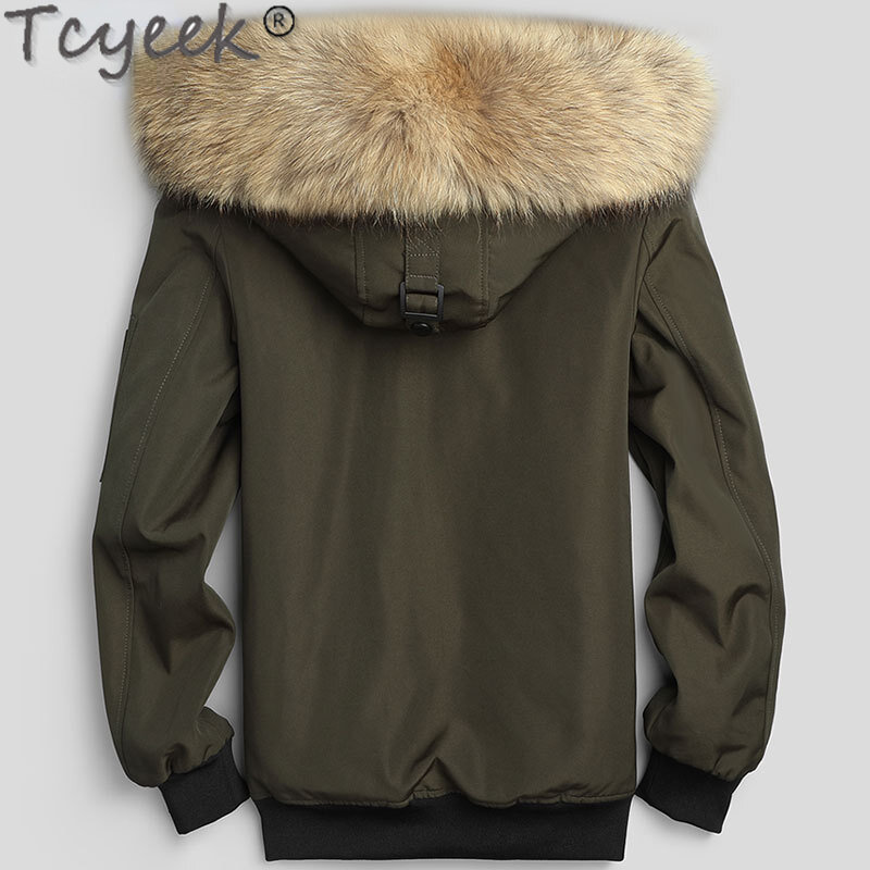 Tcyeek-Chaqueta de piel auténtica para hombre, abrigo cálido con cuello de piel de mapache, Parka delgada, forro de piel de mapache, ropa de invierno