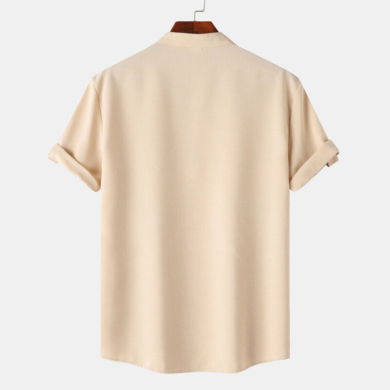 Męska koszulka z wyciętym dekoltem koszule plażowe 2024 lato z krótkim rękawem koszula z mieszanki bawełny i lnu mężczyzn na co dzień oddychająca zwykła koszulka koszula hawajska 3XL