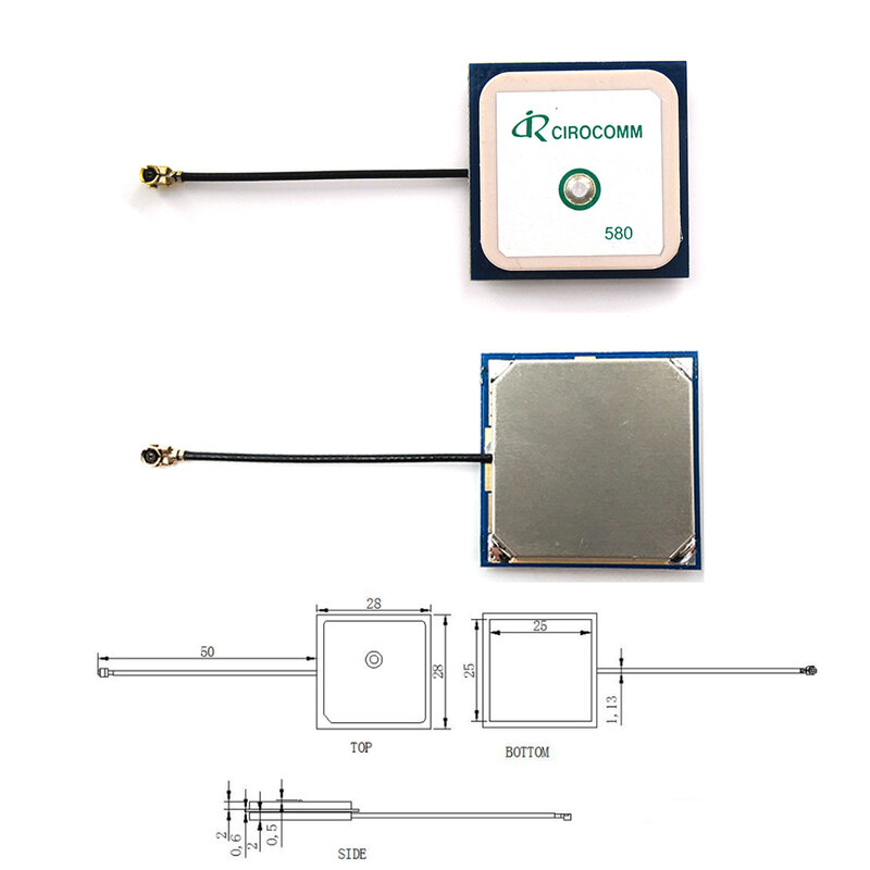 Beitian BT-580 Cirocomm Antenna interna attiva GPS 32db Antenna in ceramica ad alto guadagno connettore IPEX 25x25x2mm 1.13 cavo lungo 5cm