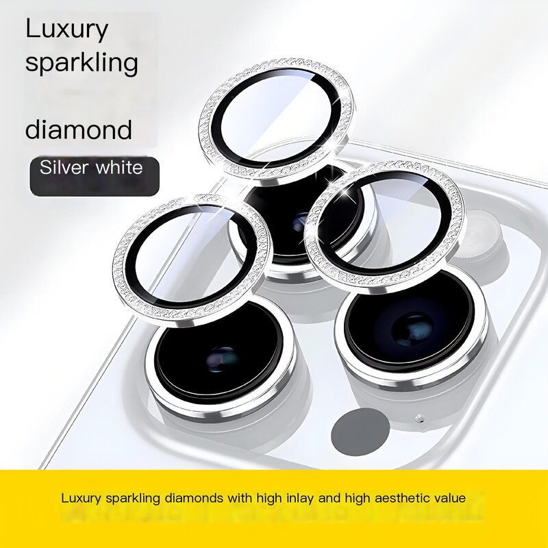 Luksusowe, ładne, diamentowe etui ochronne na obiektyw do iPhone 15 12 13 14 11 Pro Max brokatowe szklane etui na aparat dziewczyna