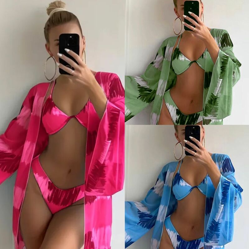 Mulheres Tie Dye maiô, Tanga Swimwear, Sexy Push Up Bikini Set, Kimono maiô, Piscina Beach Wear, Novo, 3 Pcs Set
