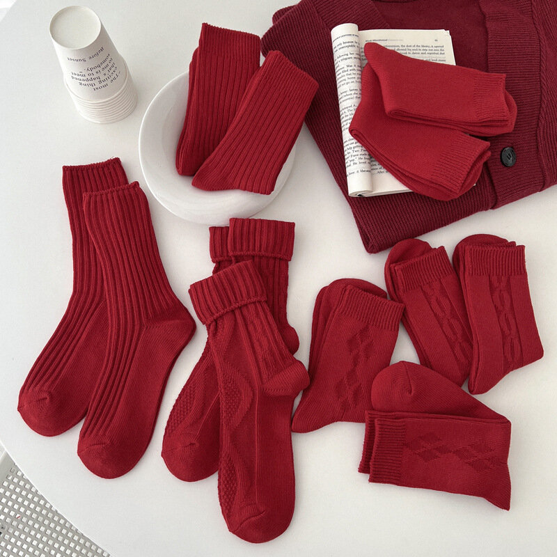 Calcetines de algodón para mujer, medias cálidas de Navidad y Año Nuevo, rojo, a rayas, informales, transpirables, cómodas, Otoño e Invierno