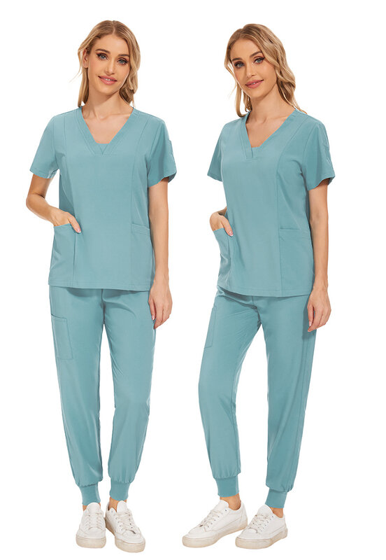 Women Medical Uniforms Elastic Scrubs Sets Hospital Surgical Gowns Short Sleeve Tops Pant Nursing Accessories Doctors Clothes