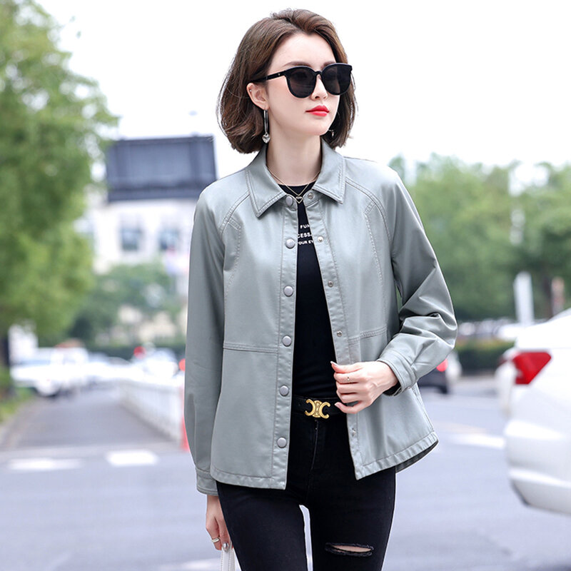 New Women Leather Jacket Spring Autumn Fashion Casual Shirt Style Split Leather Outerwear Loose Long Sleeve Sheepskin Tops Coat