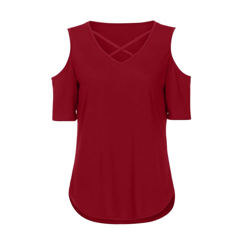 Kaus Blus Criss Cross Mode Atasan Bahu Terbuka Longgar Kasual Musim Panas Wanita Wanita Wanita Lengan Pendek Blus Pullover