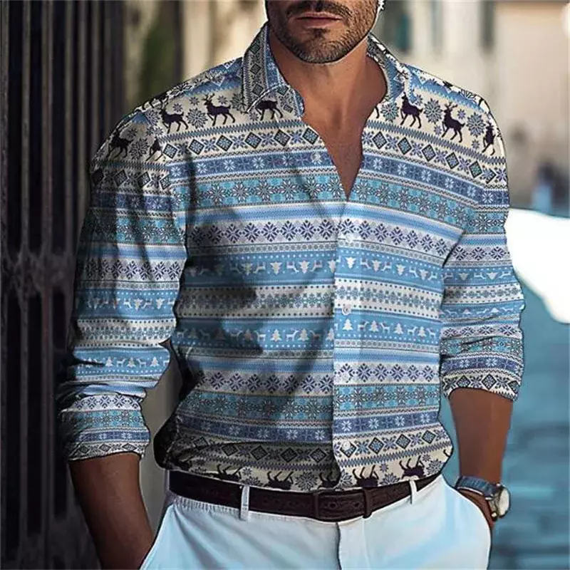 남성용 단추 업 셔츠, 캐주얼 여름 해변 셔츠, 긴 소매 격자 무늬 컬러 블록 라펠, 편안한 하와이 의류