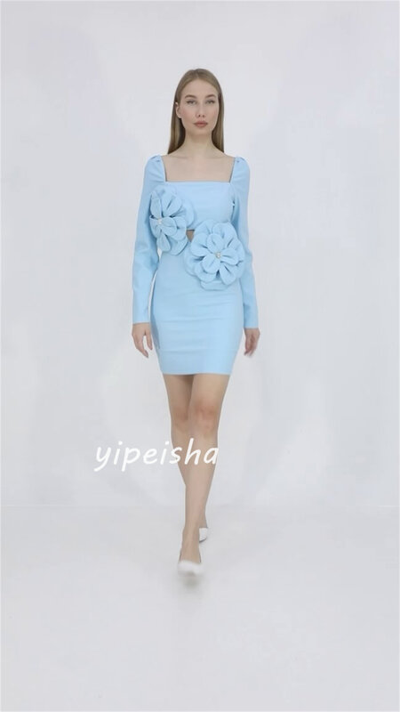 Jersey Handmade Flower Rhinestone Clubbing A-line Square Neck Bespoke Occasion Gown Short Dresses