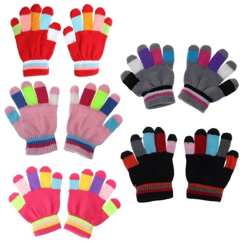 Y1UB 1 пара разноцветных полосатых перчаток, вязаные однотонные перчатки для мальчиков и девочек, разноцветные эластичные