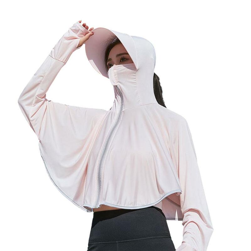 Baju pelindung matahari wanita B0Y7, pakaian sutra es besar bertepi lengan panjang warna Hoodie UV bernapas