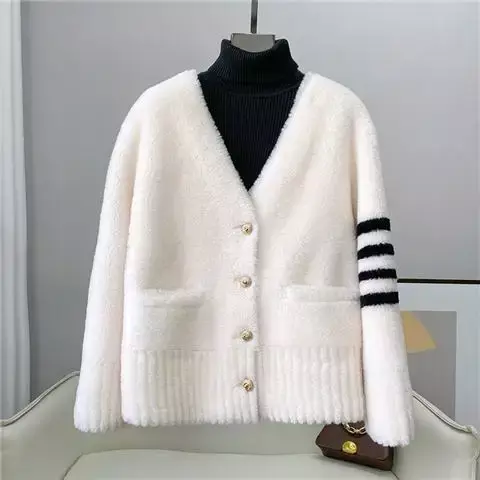 Vera pelliccia di tosatura di pecora naturale autunno inverno moda cappotto di pelliccia lavorato a maglia di lusso bottoni donna manica lunga Streetwear F75