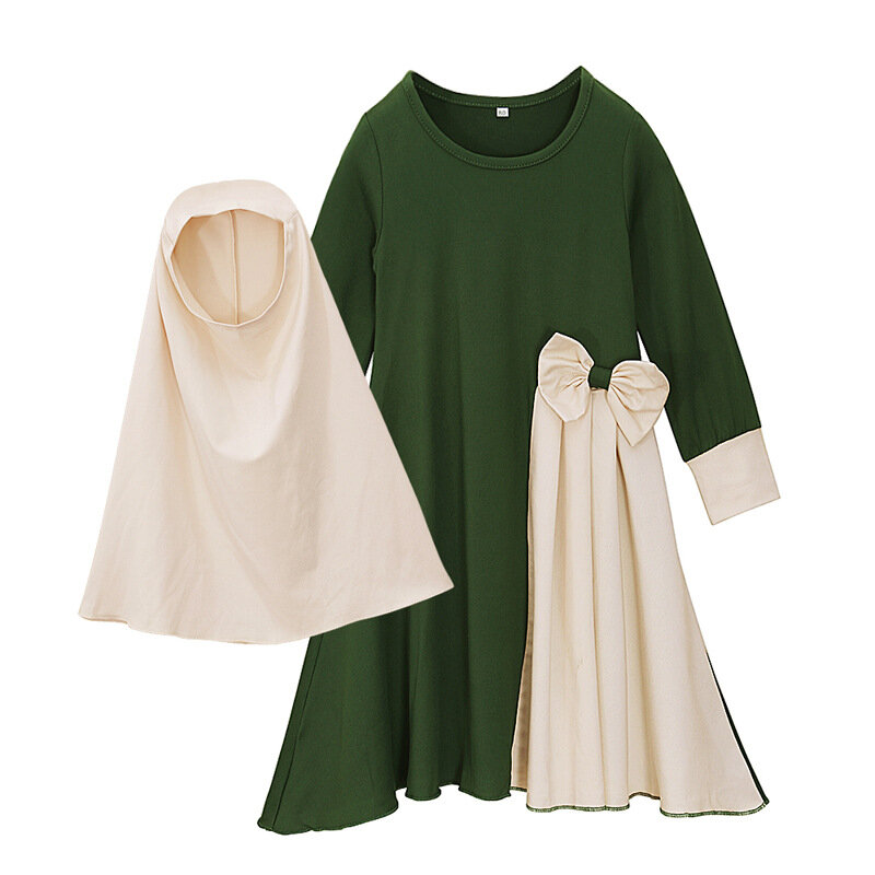 2Pcs Kids Girls Muslim Hijab Long Sleeve Maxi Dress Set Children Turkey Dubai Arabic Clothes With Headscarf Eid Ramadan Clothing