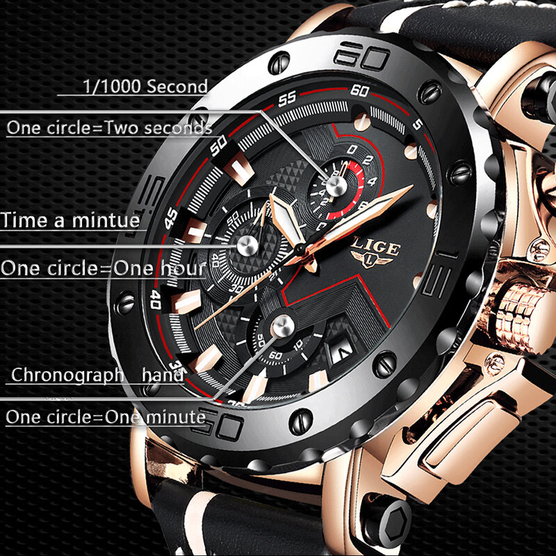 LIGE หนังนาฬิกาผู้ชายแบรนด์หรูนาฬิกาผู้ชายกันน้ำนาฬิกาข้อมือควอตซ์กีฬา Chronograph นาฬิกา Relogio Masculino