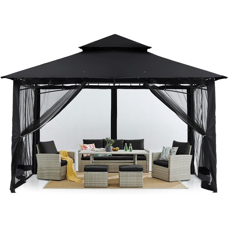 Outdoor garden pavilion with stable steel frame and mesh wall, mosquito net (10x10, black)