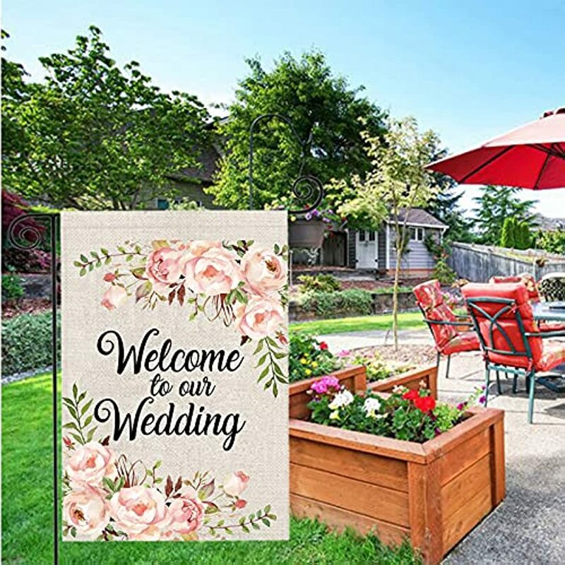 Bandera de jardín de doble cara, decoración de boda al aire libre, Bienvenido a nuestra bandera de jardín, regalo de bienvenida de boda