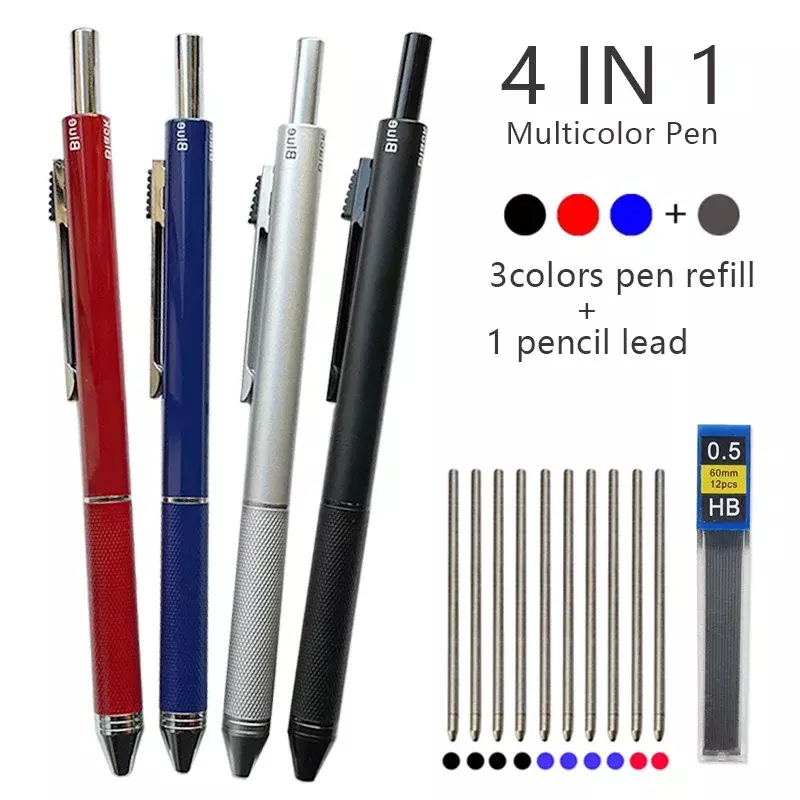 Stylo en métal multicolore pour étudiants, 4 en 1, stylo à bille 3 couleurs, bouts de tous les jours, crayon automatique, fournitures scolaires, cadeaux de papeterie
