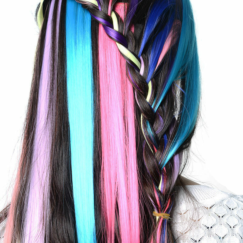 13 szt. Kolorowe akcenty imprezowe kolorowe włosy doczepiane Clip in 55cm proste syntetyczne treski, fioletowy + niebieski