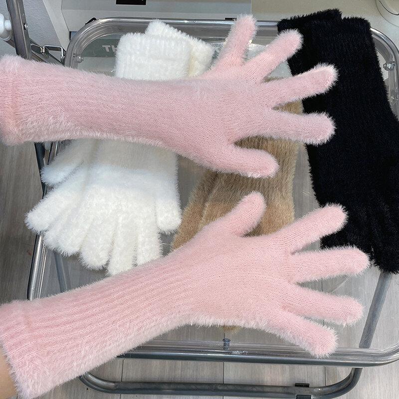 Women's Long Mink Plush Gloves Solid Color Fashion Knitted Gloves Warm Outdoor Skiing Full Fingers Gloves Soft Winter Mittens
