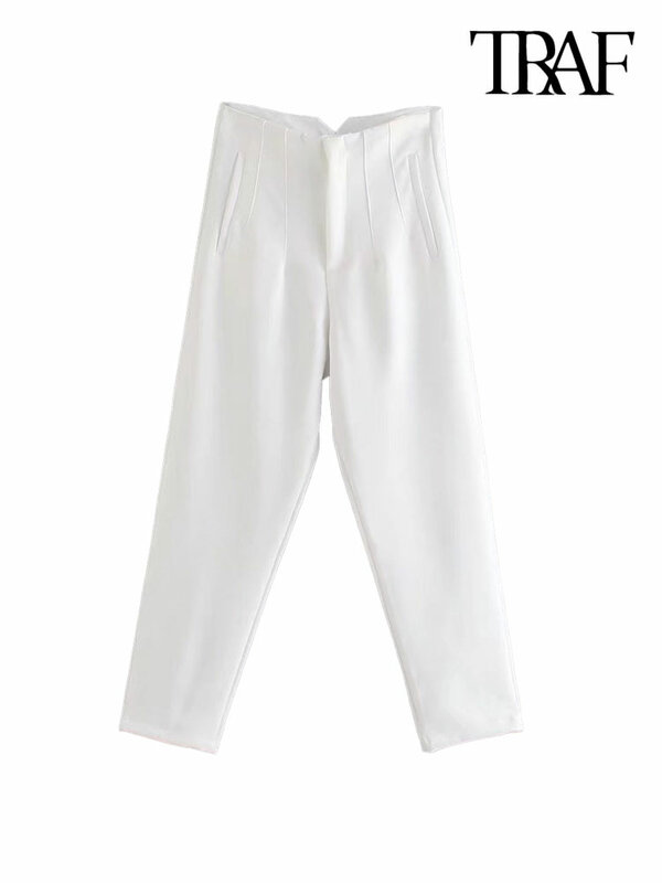 TRAF-Pantalones tobilleros de cintura alta con cremallera para Mujer, pantalón elegante con detalle de costura, Estilo Vintage, para oficina