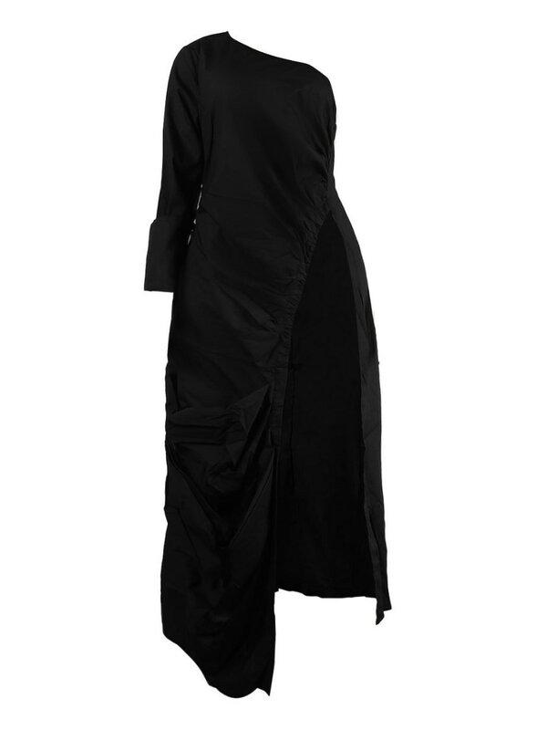 LW Plus Size Spring Solid Asymmetrical Side Split Stretchy Draped Dress Sexy Plain Party Female Vestidos Maxi Dress