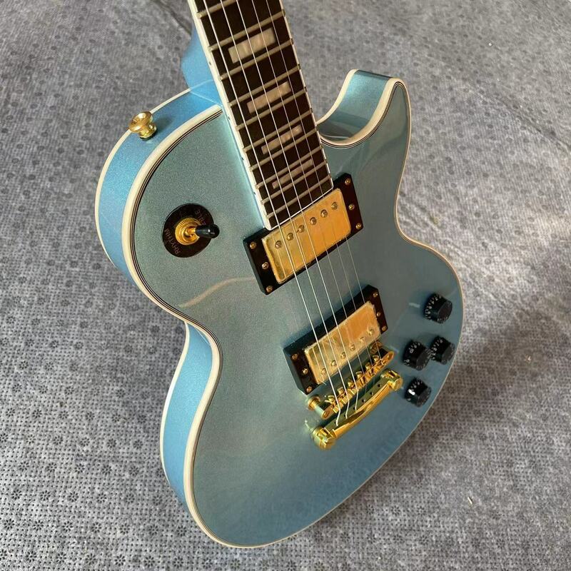 LP integrado guitarra elétrica com corpo de metal azul, cor brilhante, Ebony Fingerboard, Bege Track, fechado Pi, 6 cordas