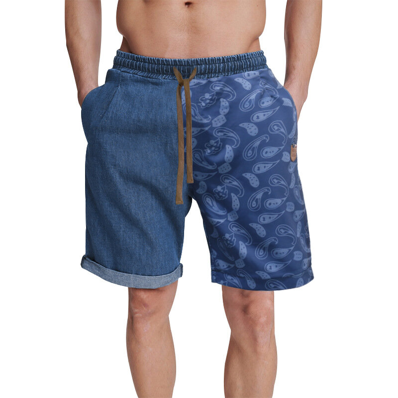 2024 Summer Casual Denim Shorts Loose Plus-size Printed Straight-leg Elastic-waisted Nickel Shorts