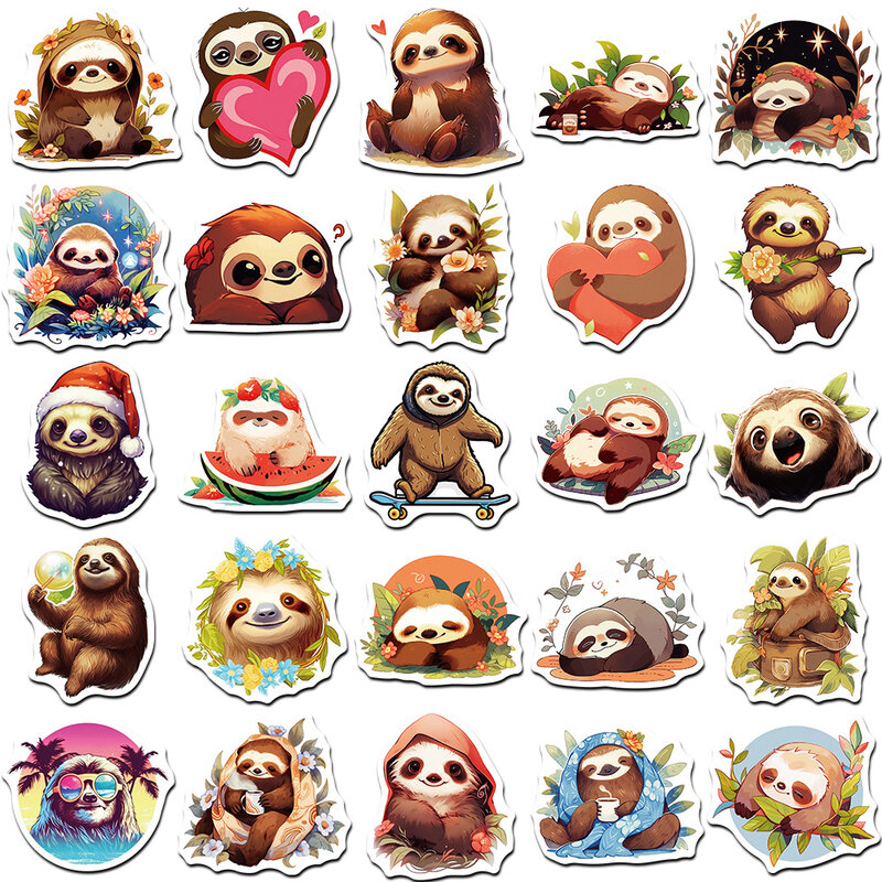 Cute Cartoon Animal Sloth Decoração Adesivos, DIY Frigorífico Capacete, Decalques Impermeáveis Kawaii, Brinquedos para Crianças, Presente de Aniversário, 10 Pcs, 30 Pcs, 50Pcs