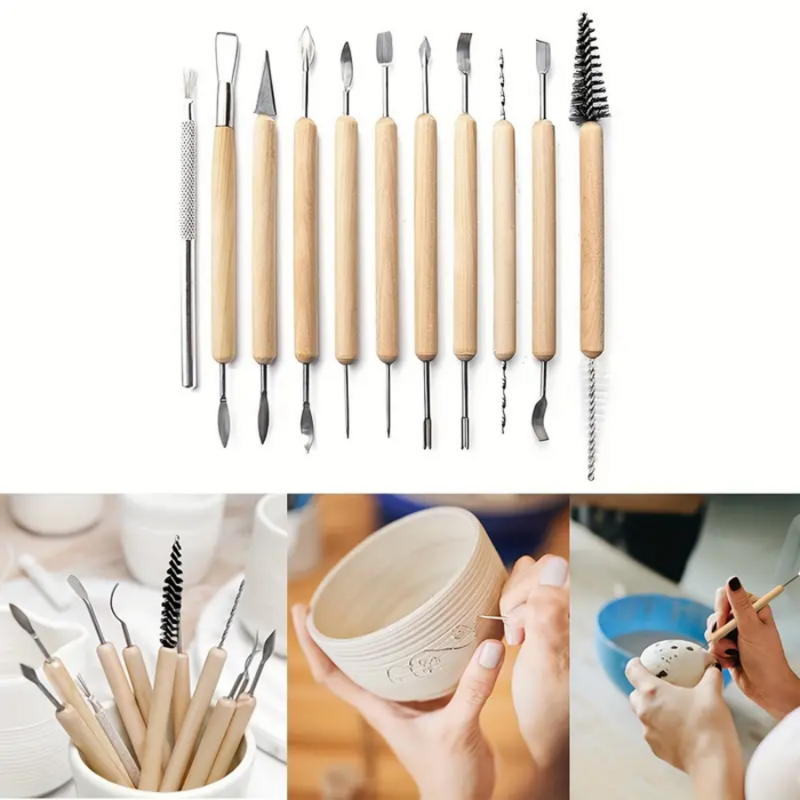 11Pcs Pottery Tools Clay Sculpting Carving Tool Set Wooden Ceramics Smoothing Shaper Tools for Potters Handle Carving Modeling
